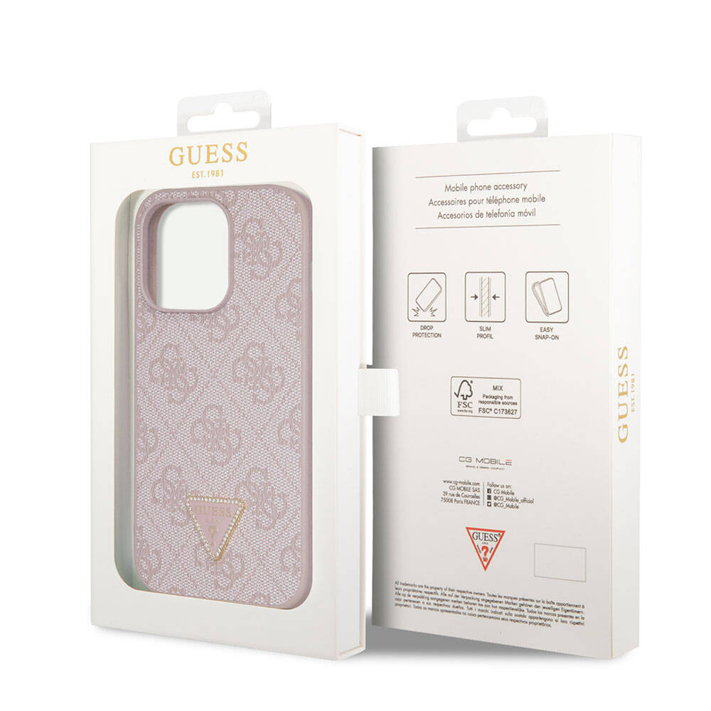 Guess iPhone 14 Pro Max Orjinal Lisanslı PU Deri Taşlı Üçgen Logo 4G Desenli Telefon Kılıfı - 21