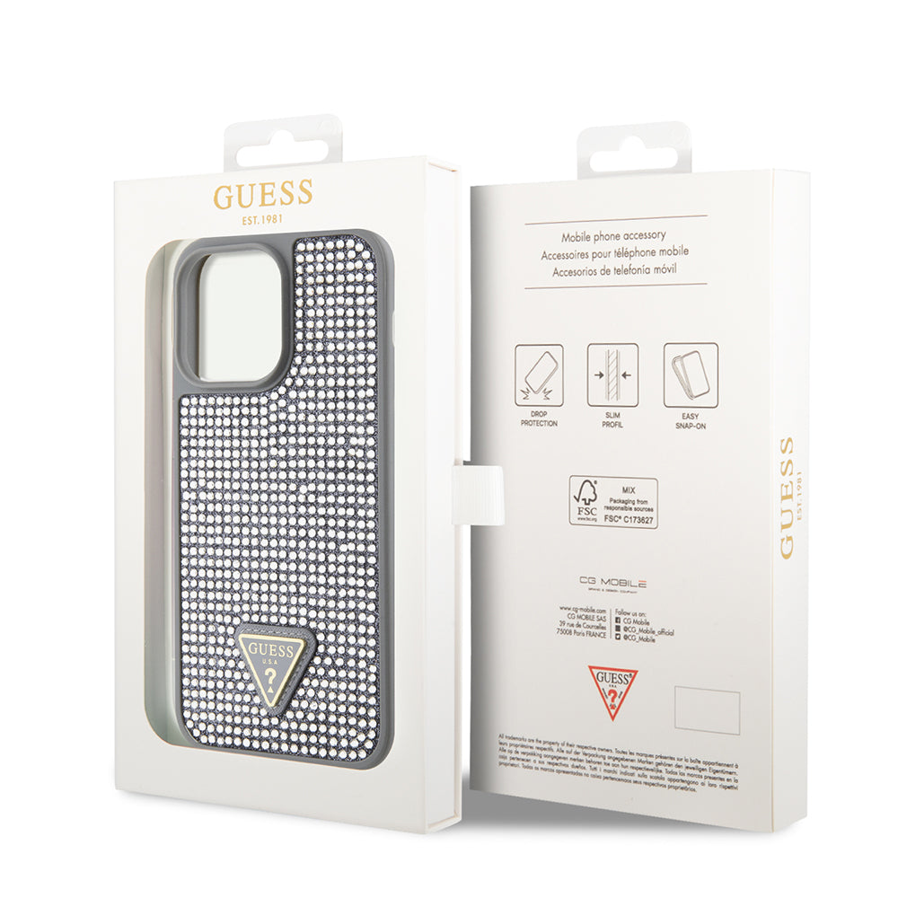 Guess iPhone 14 Pro Max Orjinal Lisanslı Taşlı Arka Yüzey Üçgen Logolu Kılıf