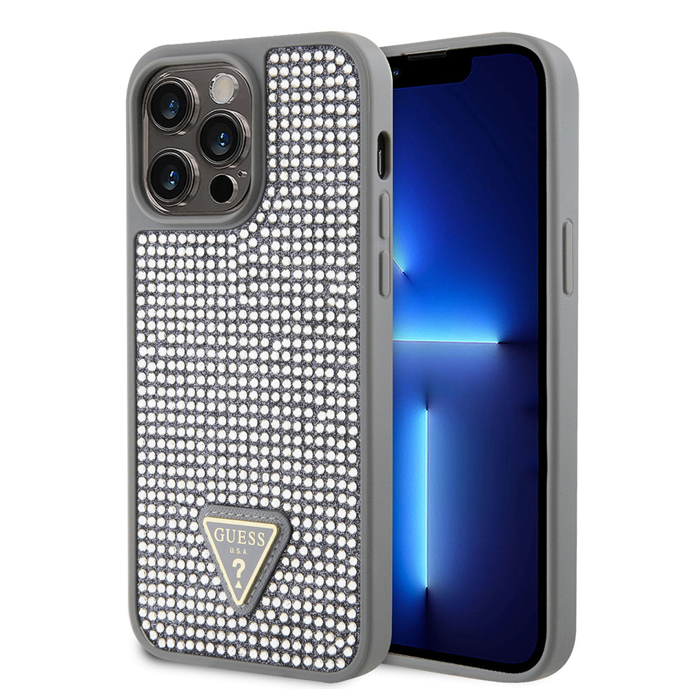 Guess iPhone 14 Pro Max Orjinal Lisanslı Taşlı Arka Yüzey Üçgen Logolu Kılıf