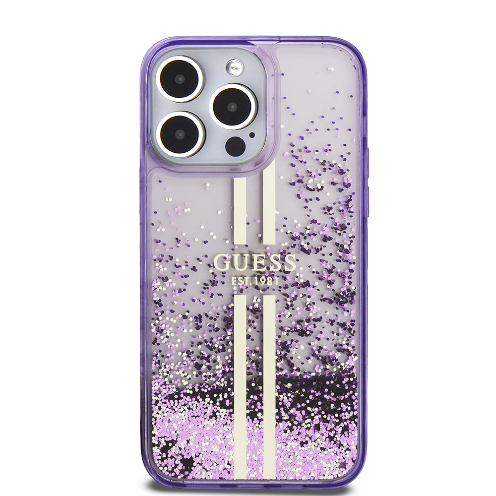 Guess iPhone 14 Pro Max Orjinal Lisanslı Transparan Sıvılı Simli Altın Çizgili Kılıf