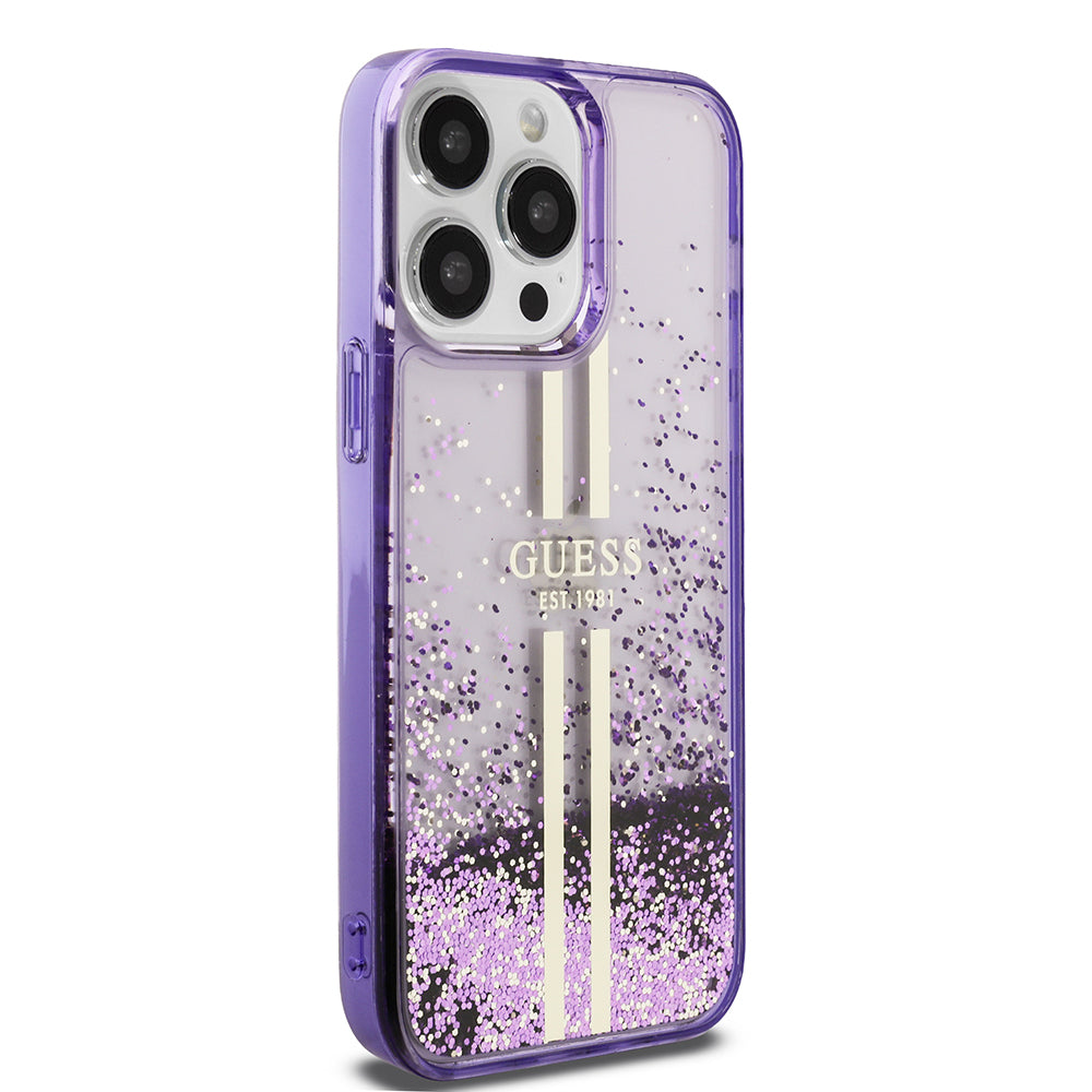 Guess iPhone 14 Pro Max Orjinal Lisanslı Transparan Sıvılı Simli Altın Çizgili Kılıf