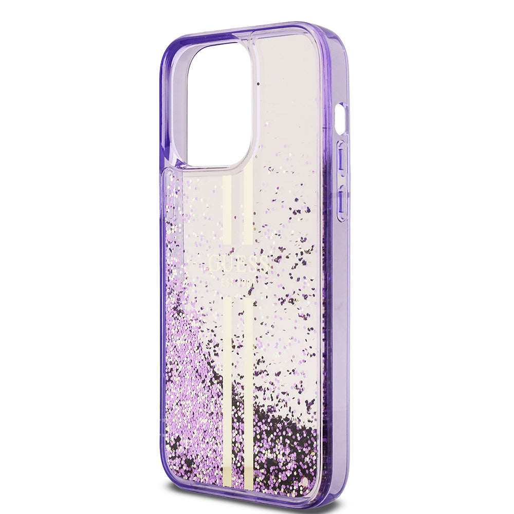 Guess iPhone 14 Pro Max Orjinal Lisanslı Transparan Sıvılı Simli Altın Çizgili Kılıf