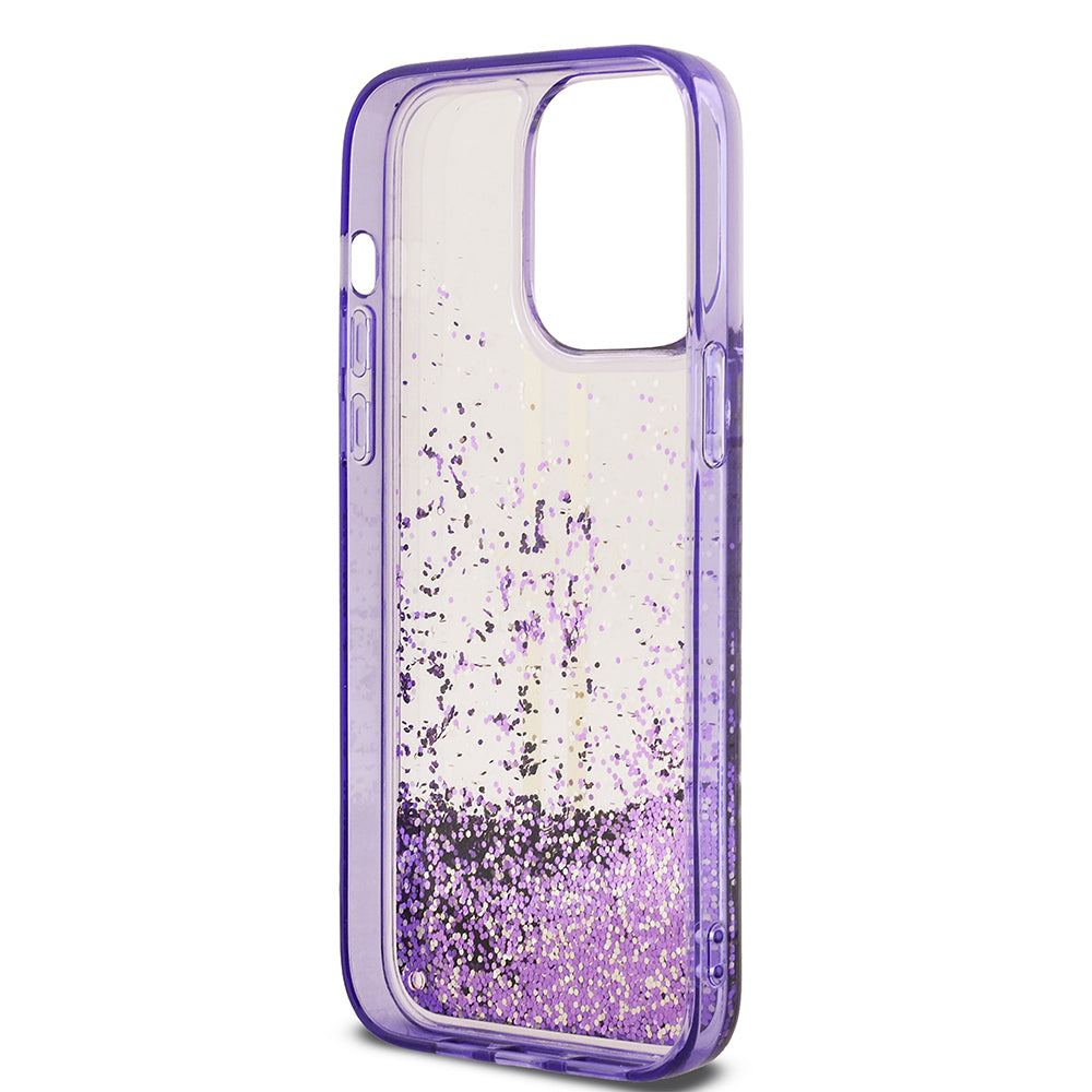 Guess iPhone 14 Pro Max Orjinal Lisanslı Transparan Sıvılı Simli Altın Çizgili Kılıf