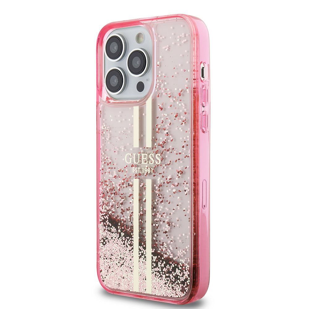 Guess iPhone 14 Pro Max Orjinal Lisanslı Transparan Sıvılı Simli Altın Çizgili Kılıf