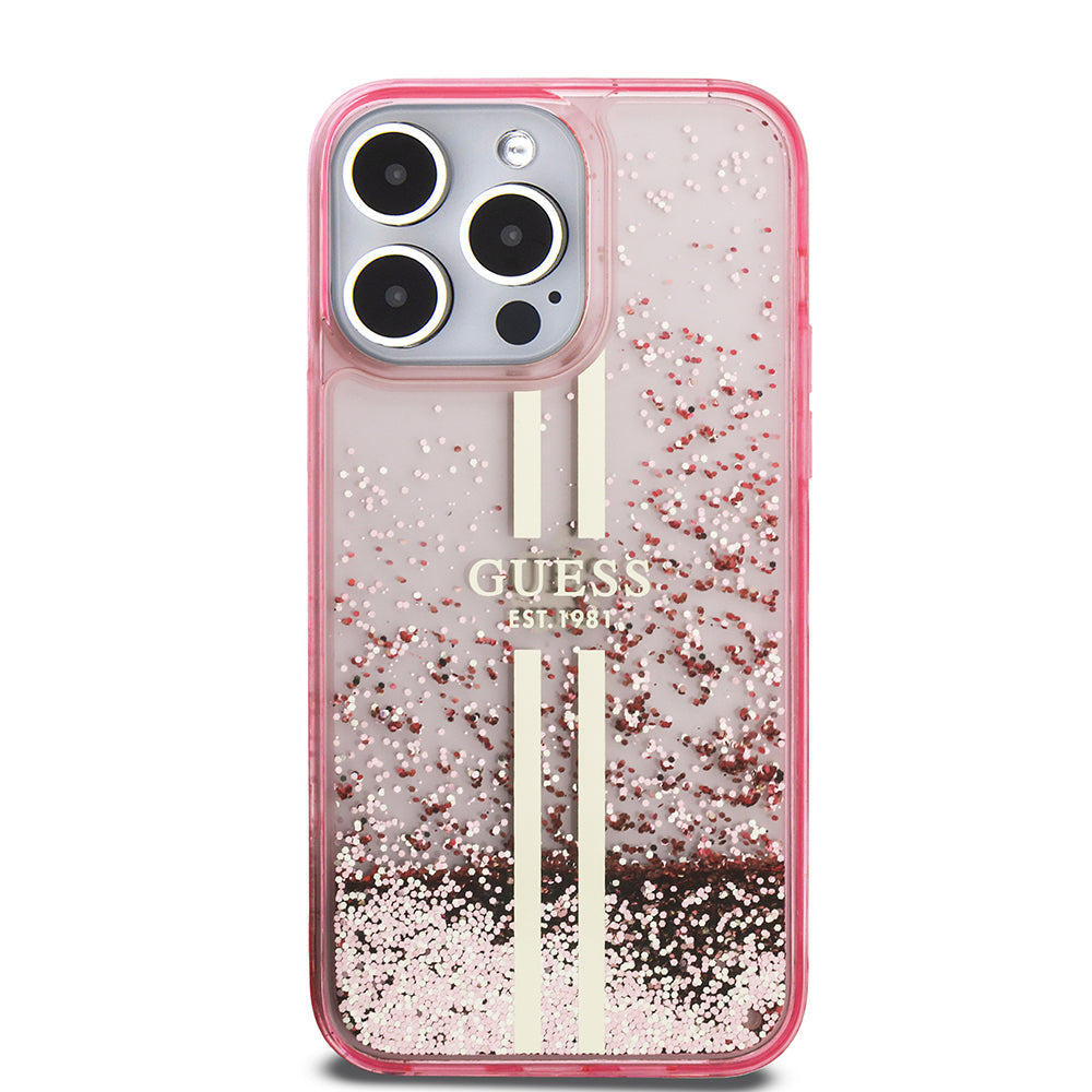 Guess iPhone 14 Pro Max Orjinal Lisanslı Transparan Sıvılı Simli Altın Çizgili Kılıf