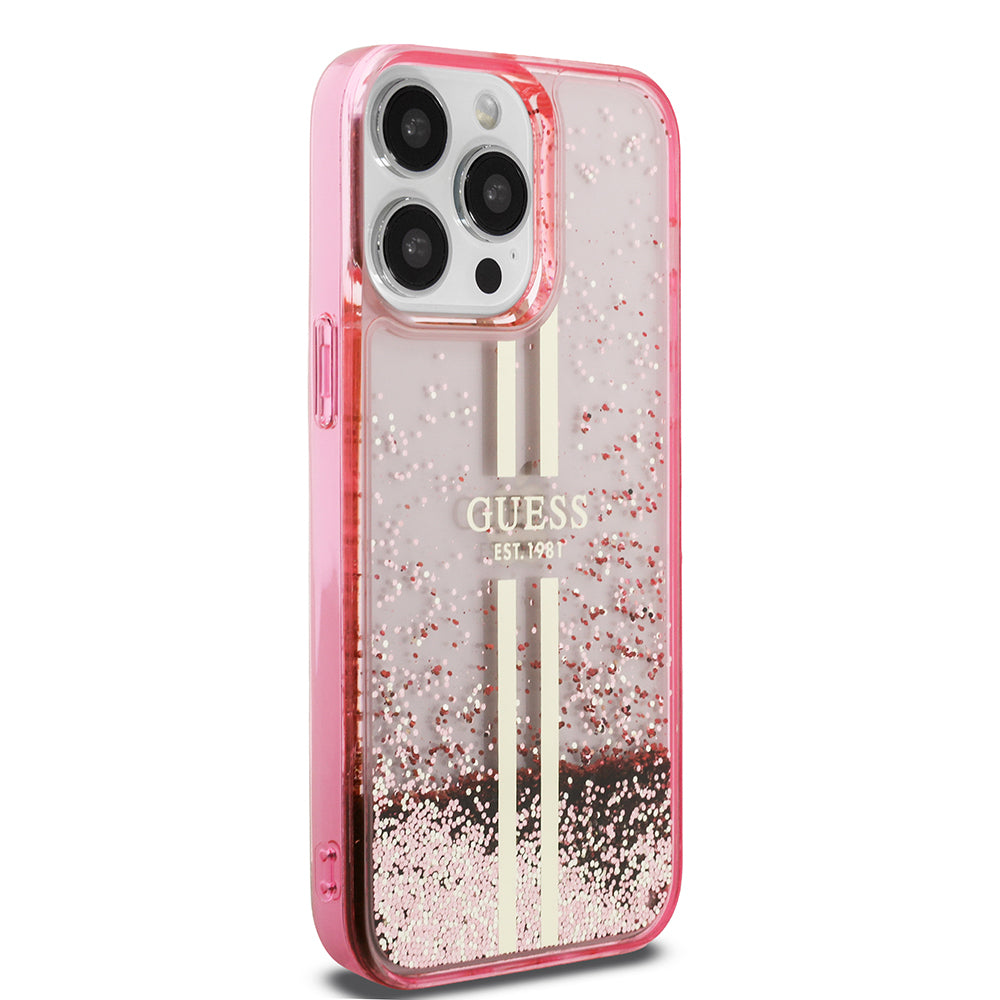 Guess iPhone 14 Pro Max Orjinal Lisanslı Transparan Sıvılı Simli Altın Çizgili Kılıf