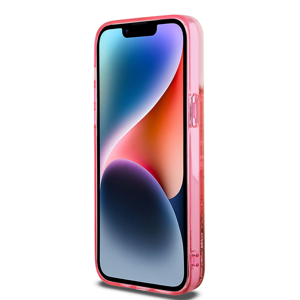 Guess iPhone 14 Pro Max Orjinal Lisanslı Transparan Sıvılı Simli Altın Çizgili Kılıf