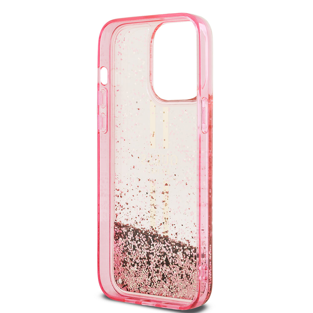 Guess iPhone 14 Pro Max Orjinal Lisanslı Transparan Sıvılı Simli Altın Çizgili Kılıf