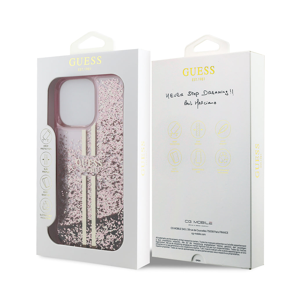 Guess iPhone 14 Pro Max Orjinal Lisanslı Transparan Sıvılı Simli Altın Çizgili Kılıf