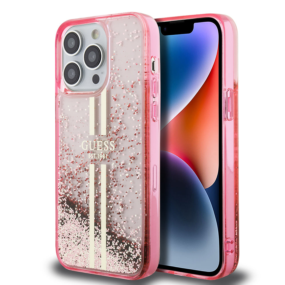 Guess iPhone 14 Pro Max Orjinal Lisanslı Transparan Sıvılı Simli Altın Çizgili Kılıf