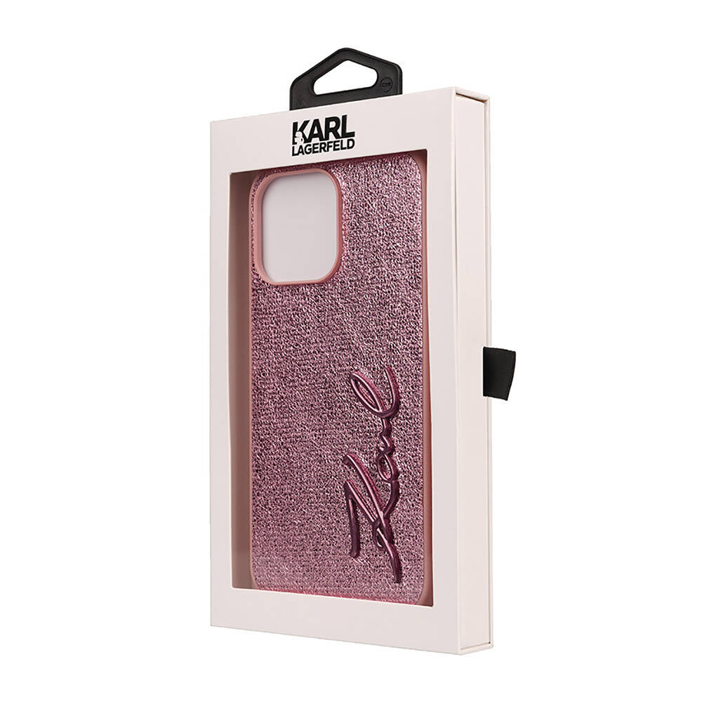 Karl Lagerfeld iPhone 14 Pro Max Kılıf Orjinal Lisanslı 3D KL Yazılı Tüylü Arka Yüzey Saffiano Rhinestones Telefon Kılıfı - 14