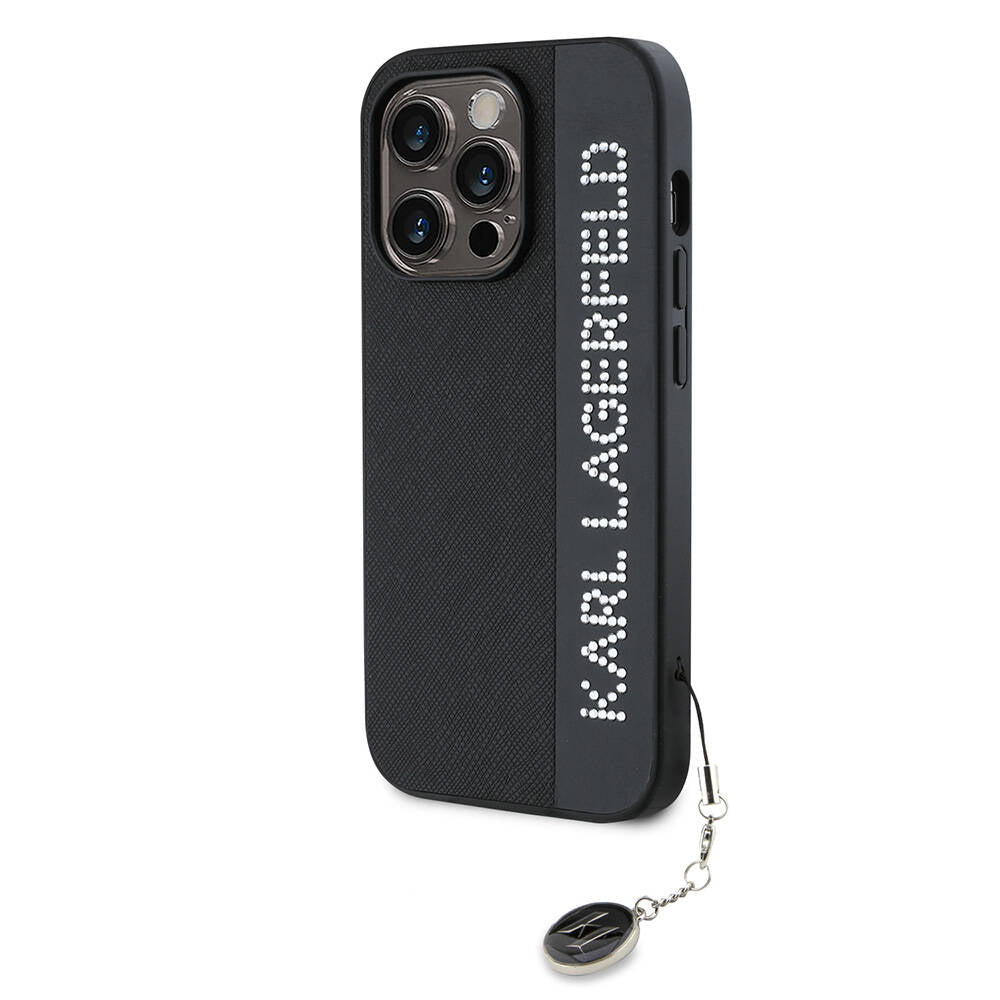 Karl Lagerfeld iPhone 14 Pro Max Orjinal Lisanslı Anahtarlıklı Taşlı KL Yazılı Saffiano Rhinestones Telefon Kılıfı - 7