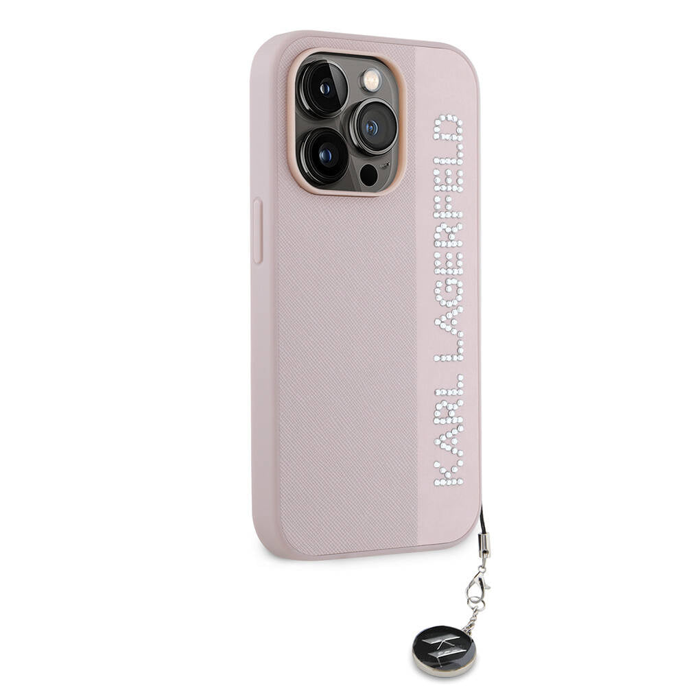Karl Lagerfeld iPhone 14 Pro Max Orjinal Lisanslı Anahtarlıklı Taşlı KL Yazılı Saffiano Rhinestones Telefon Kılıfı - 9