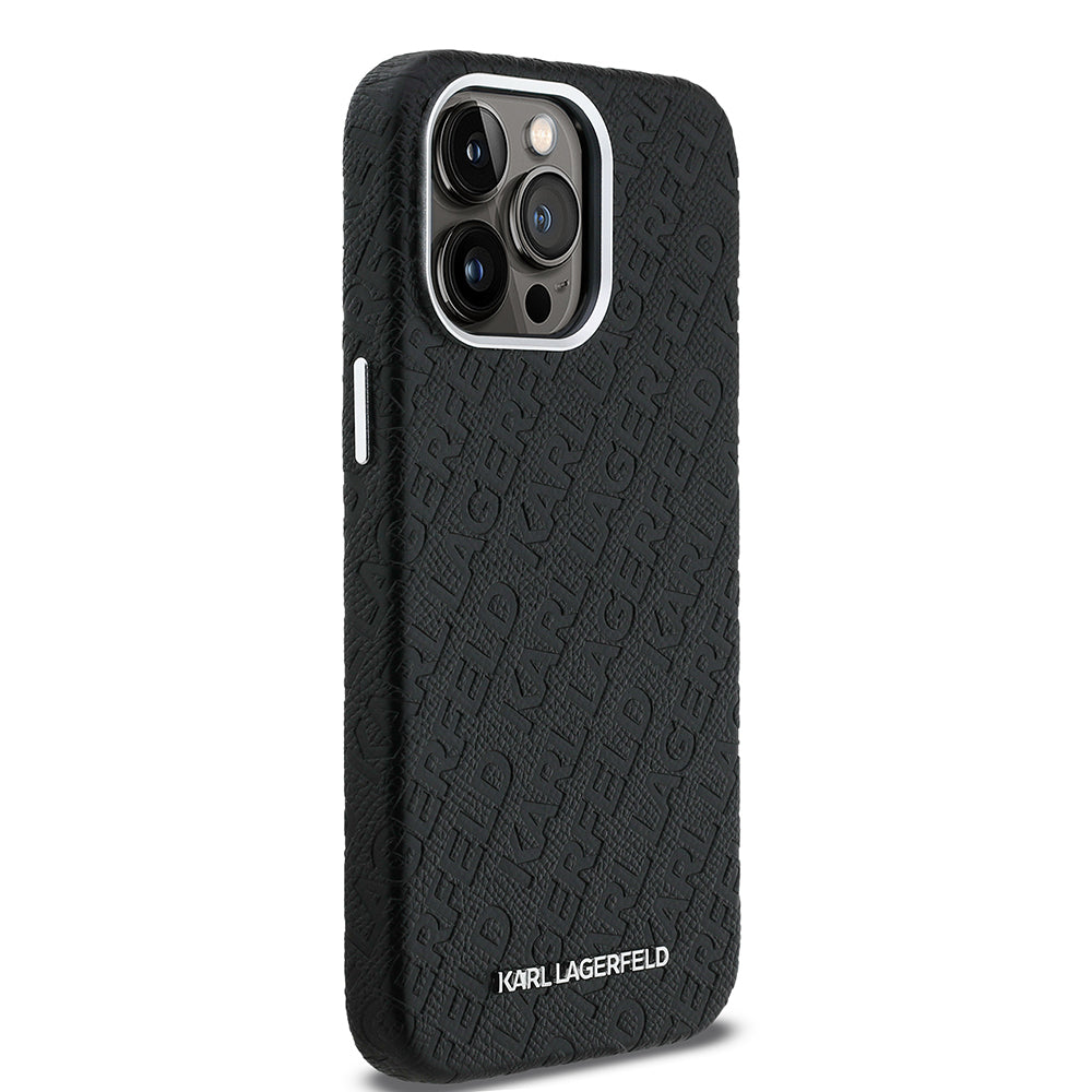 Karl Lagerfeld iPhone 14 Pro Max Orjinal Lisanslı PU Deri Damgalı Metal Yazı Logolu Telefon Kılıfı