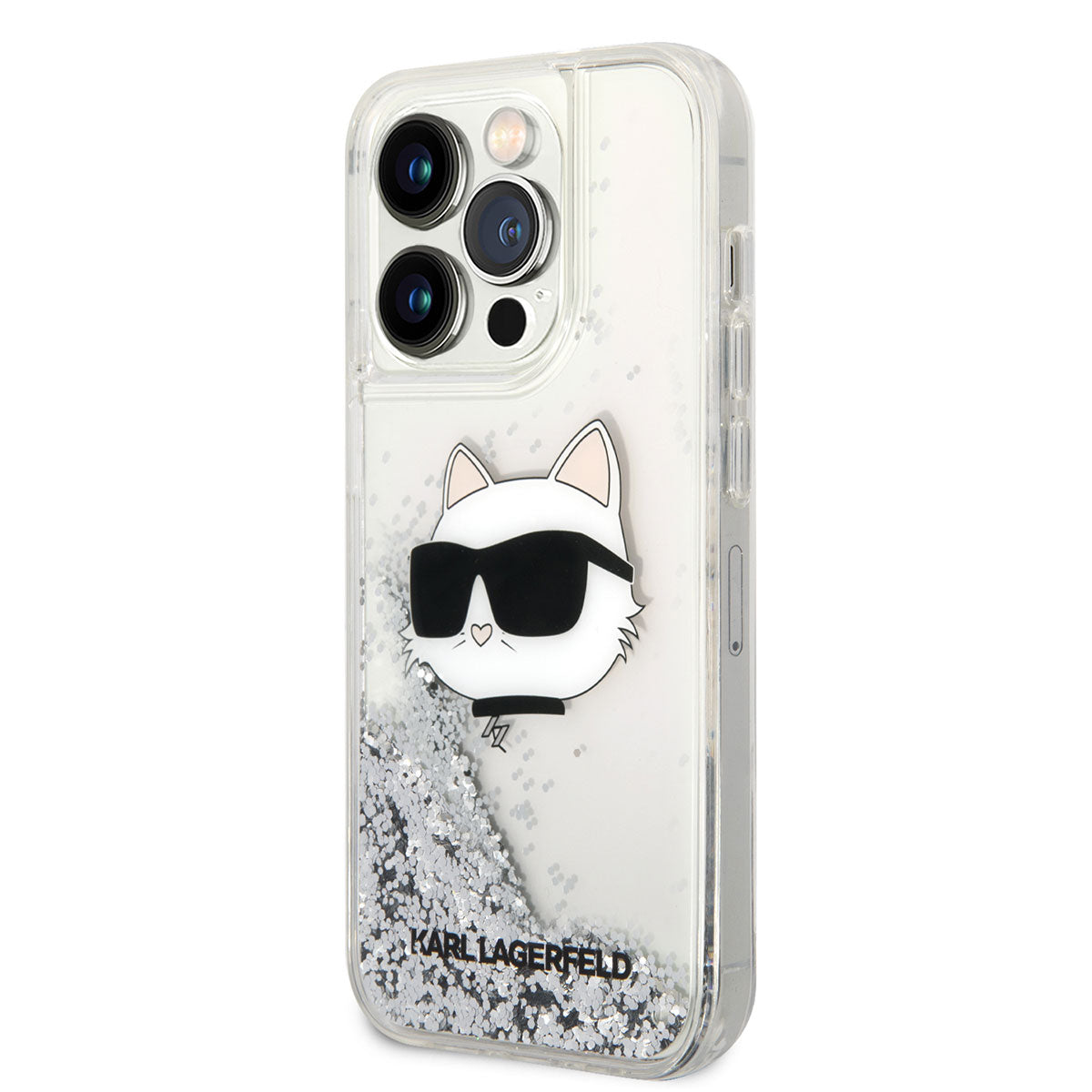 Karl Lagerfeld iPhone 14 Pro Max Kılıf Sıvılı Simli Choupette Head Dizayn Telefon Kılıfı - 7