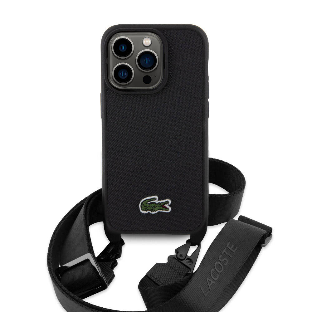 Lacoste iPhone 14 Pro Max Orjinal Lisanslı PU Pike Desenli Arka Yüzey Askılı İkonik Timsah Dokuma Logolu Telefon Kılıfı - 7