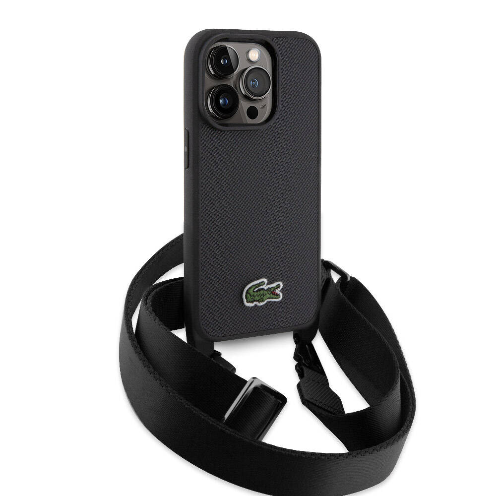 Lacoste iPhone 14 Pro Max Orjinal Lisanslı PU Pike Desenli Arka Yüzey Askılı İkonik Timsah Dokuma Logolu Telefon Kılıfı - 8