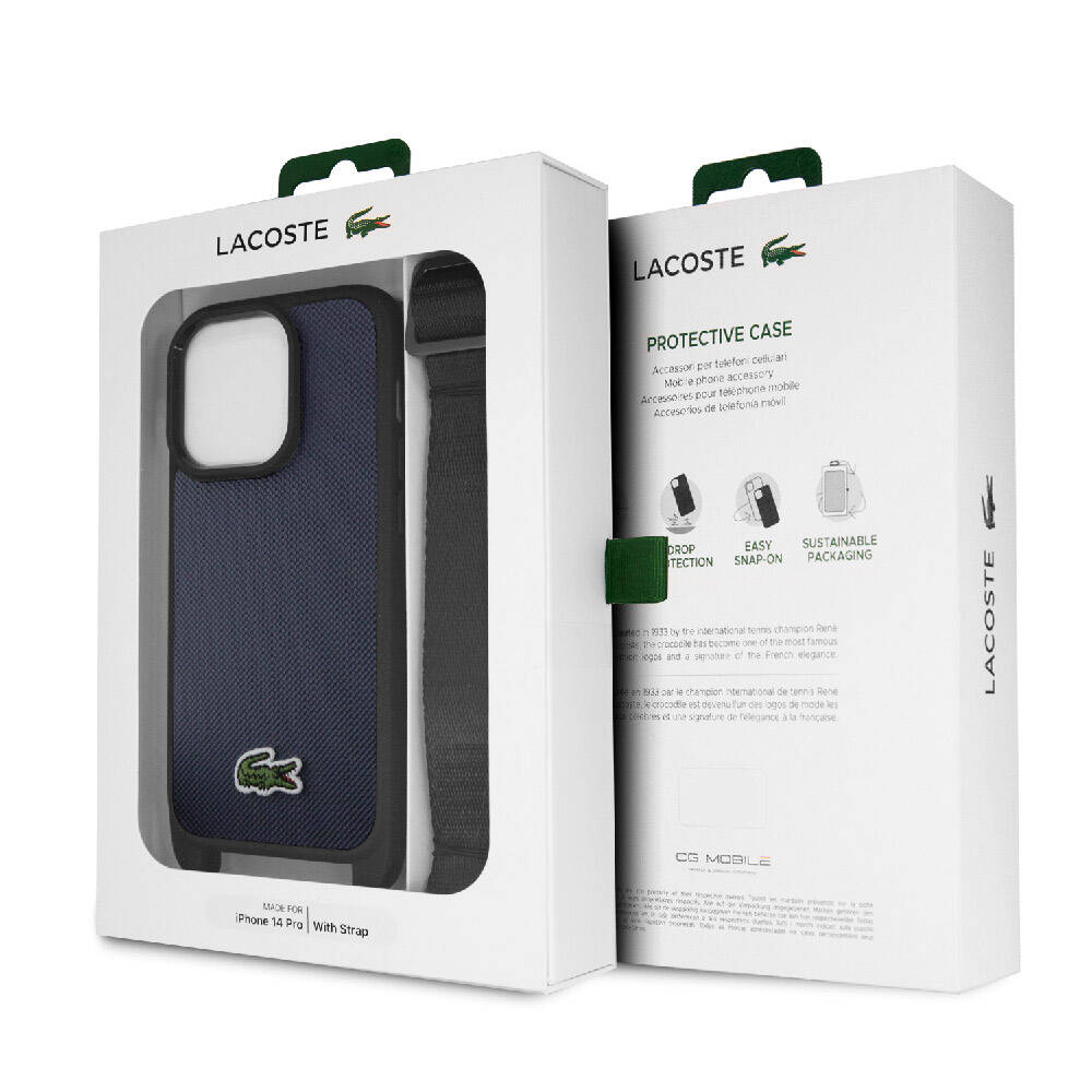 Lacoste iPhone 14 Pro Max Orjinal Lisanslı PU Pike Desenli Arka Yüzey Askılı İkonik Timsah Dokuma Logolu Telefon Kılıfı - 14