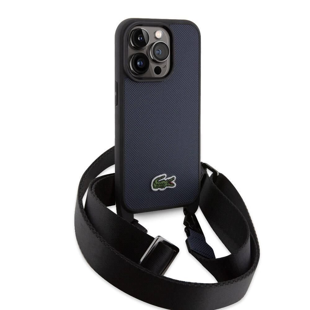 Lacoste iPhone 14 Pro Max Orjinal Lisanslı PU Pike Desenli Arka Yüzey Askılı İkonik Timsah Dokuma Logolu Telefon Kılıfı - 15