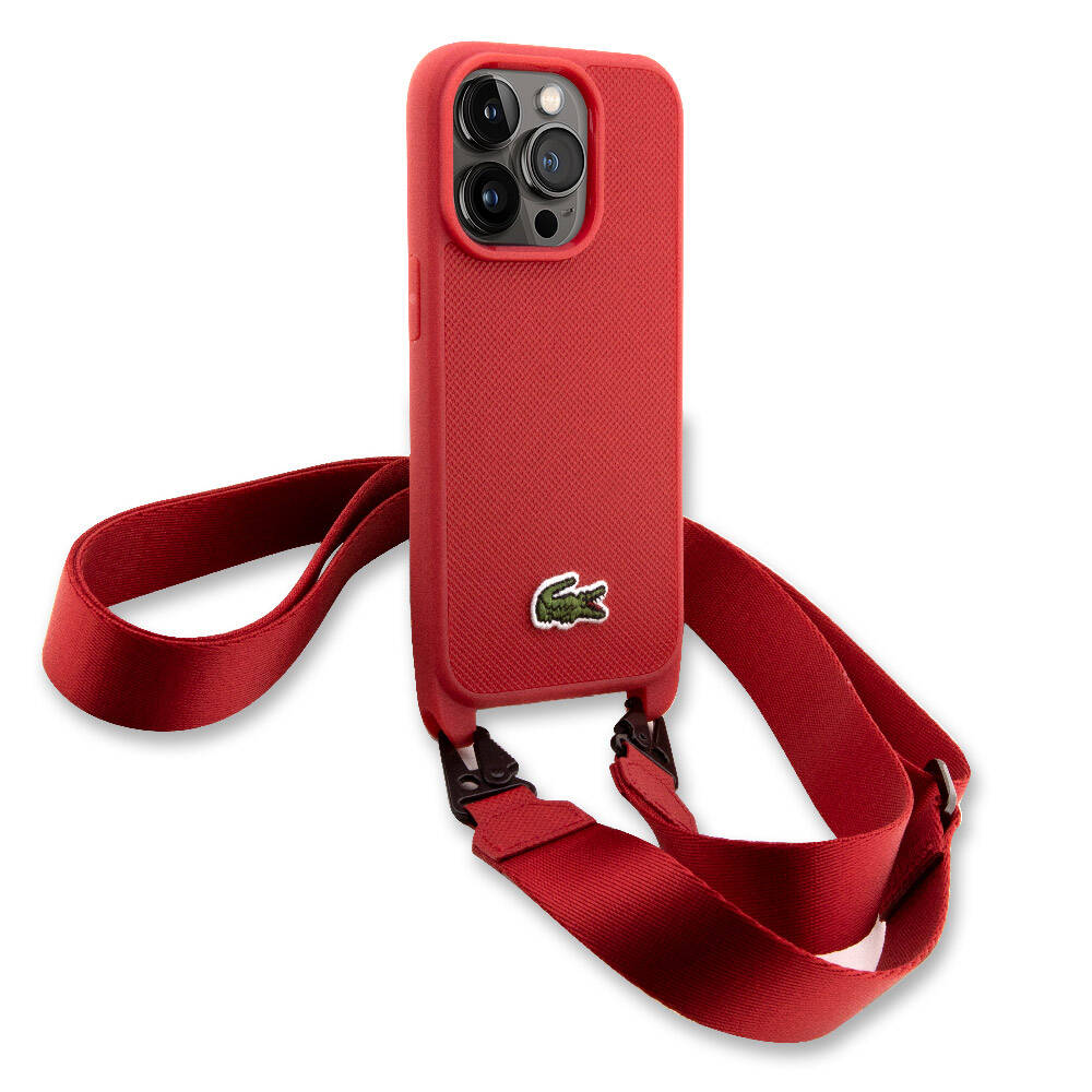 Lacoste iPhone 14 Pro Max Orjinal Lisanslı PU Pike Desenli Arka Yüzey Askılı İkonik Timsah Dokuma Logolu Telefon Kılıfı - 16
