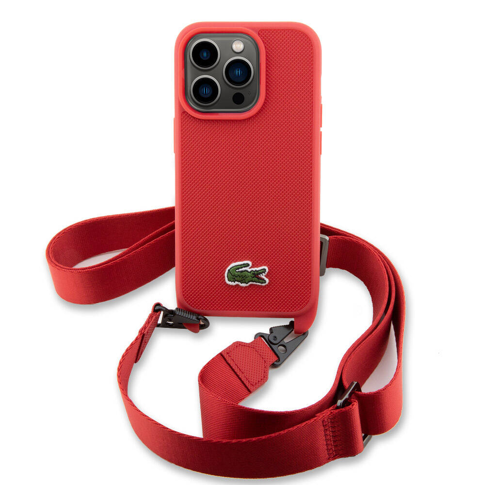 Lacoste iPhone 14 Pro Max Orjinal Lisanslı PU Pike Desenli Arka Yüzey Askılı İkonik Timsah Dokuma Logolu Telefon Kılıfı - 17