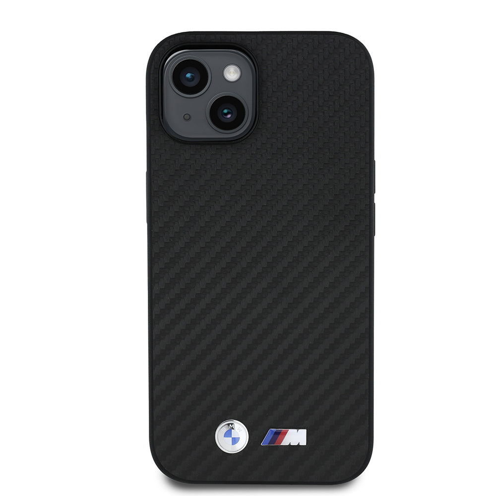 BMW iPhone 15 Orjinal Lisanslı Karbon Fiber Tasarımlı ve Metal Logolu PU Deri Telefon Kılıfı