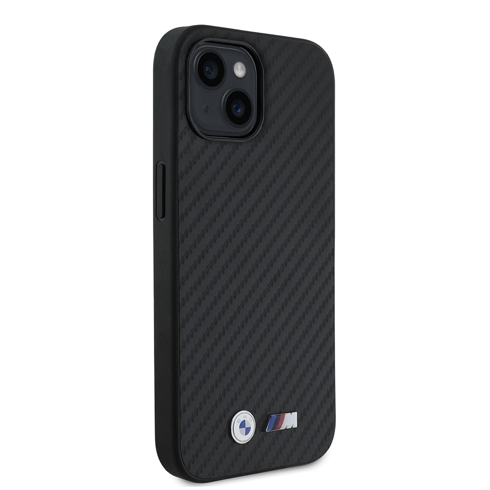 BMW iPhone 15 Orjinal Lisanslı Karbon Fiber Tasarımlı ve Metal Logolu PU Deri Telefon Kılıfı