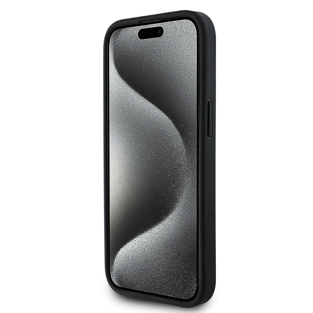 BMW iPhone 15 Orjinal Lisanslı Karbon Fiber Tasarımlı ve Metal Logolu PU Deri Telefon Kılıfı