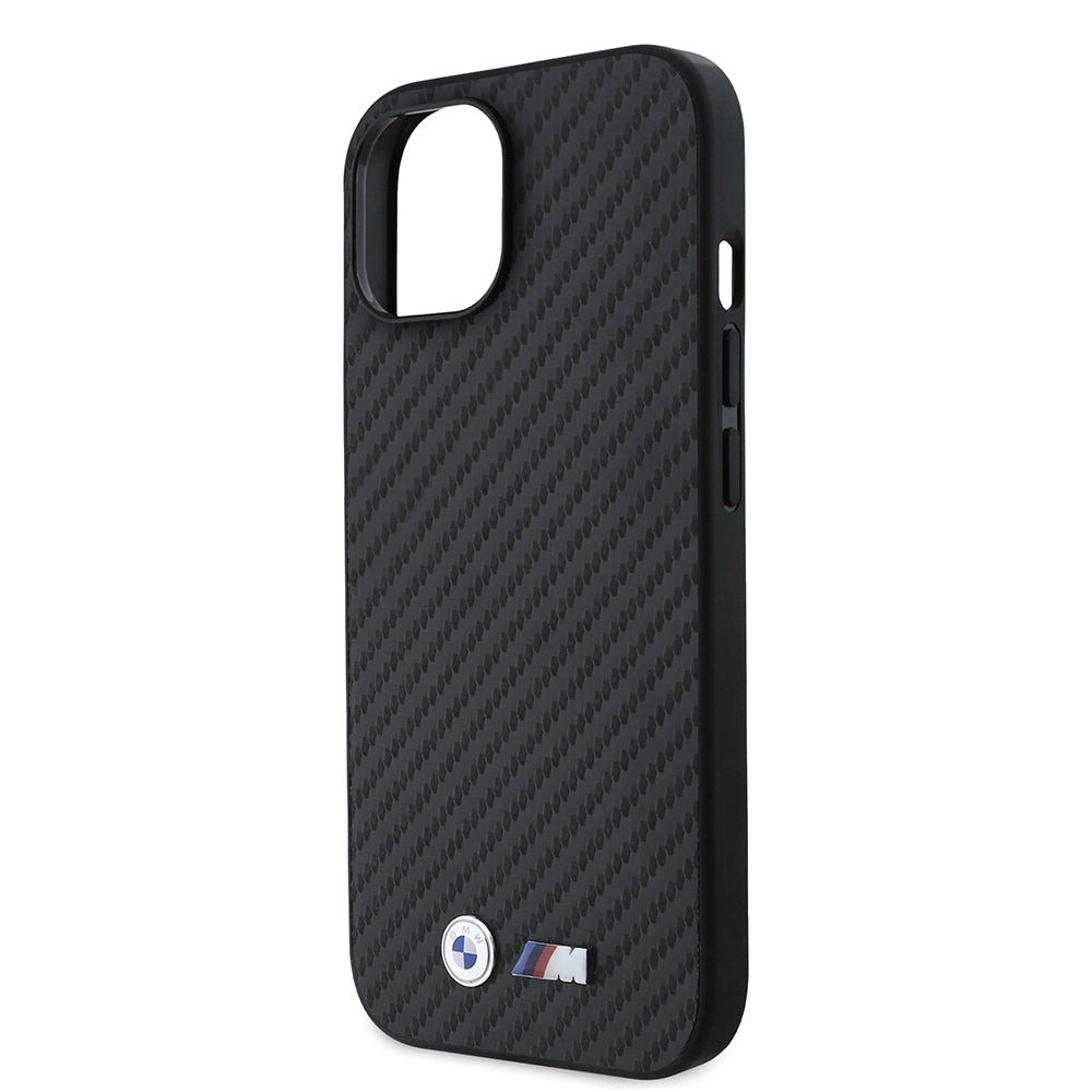 BMW iPhone 15 Orjinal Lisanslı Karbon Fiber Tasarımlı ve Metal Logolu PU Deri Telefon Kılıfı