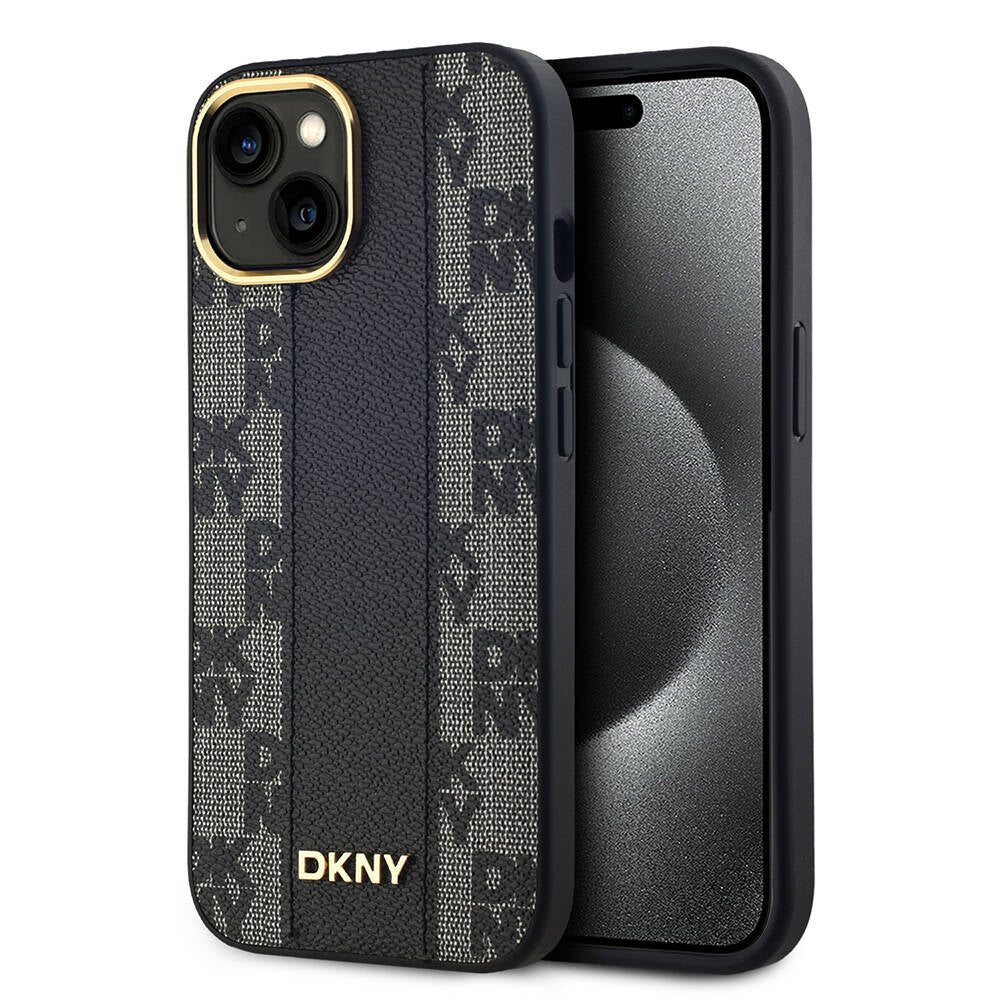 DKNY iPhone 15 Orjinal Lisanslı M-safe Şarj Özellikli 3D Yazılı Checkered Pattern Kılıf