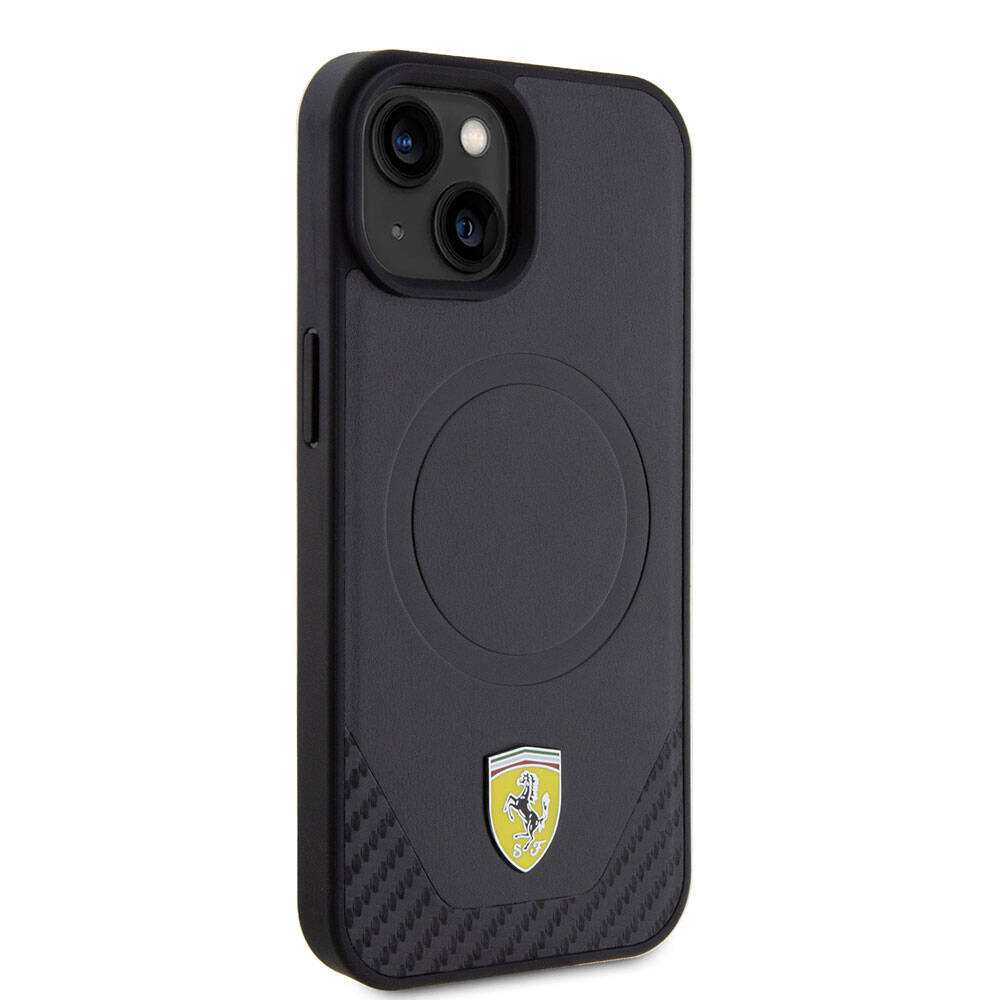 Ferrari iPhone 15 Orjinal Lisanslı M-safe Şarj Özellikli Metal Logolu PU Karbon Kılıf