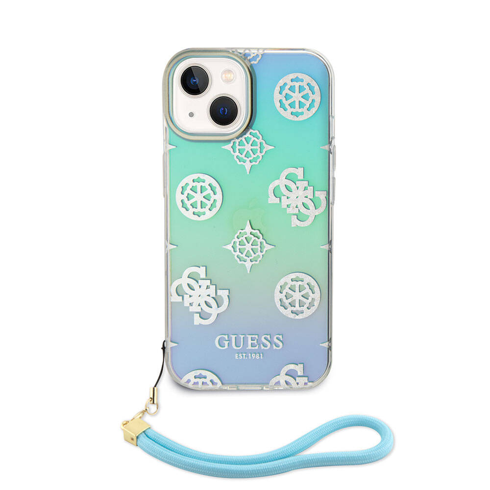 Guess iPhone 15 Orjinal Lisanslı Desenli Yazı Logolu Askı İpli Holografik Glitter Peony Telefon Kılıfı - 2