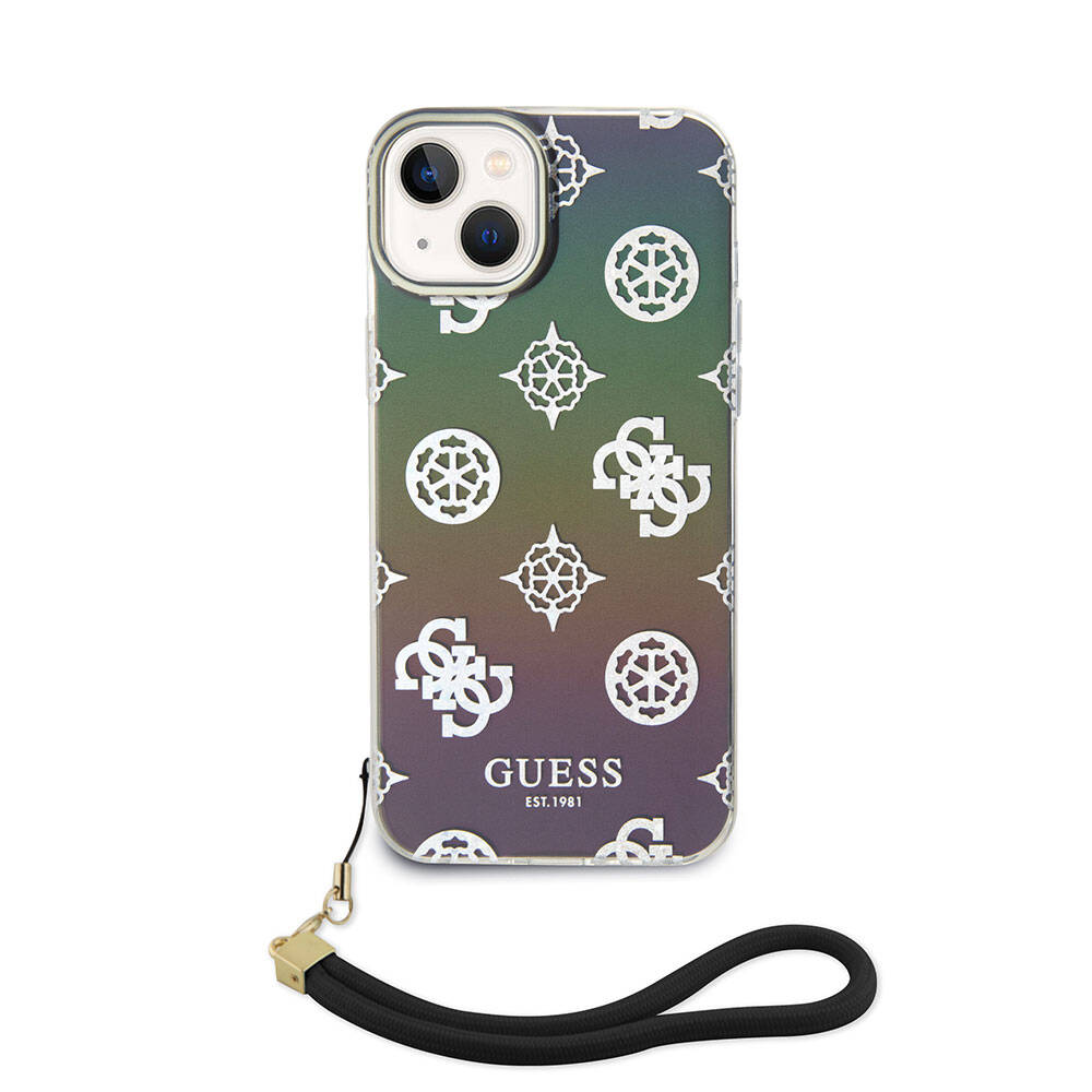Guess iPhone 15 Orjinal Lisanslı Desenli Yazı Logolu Askı İpli Holografik Glitter Peony Telefon Kılıfı - 7