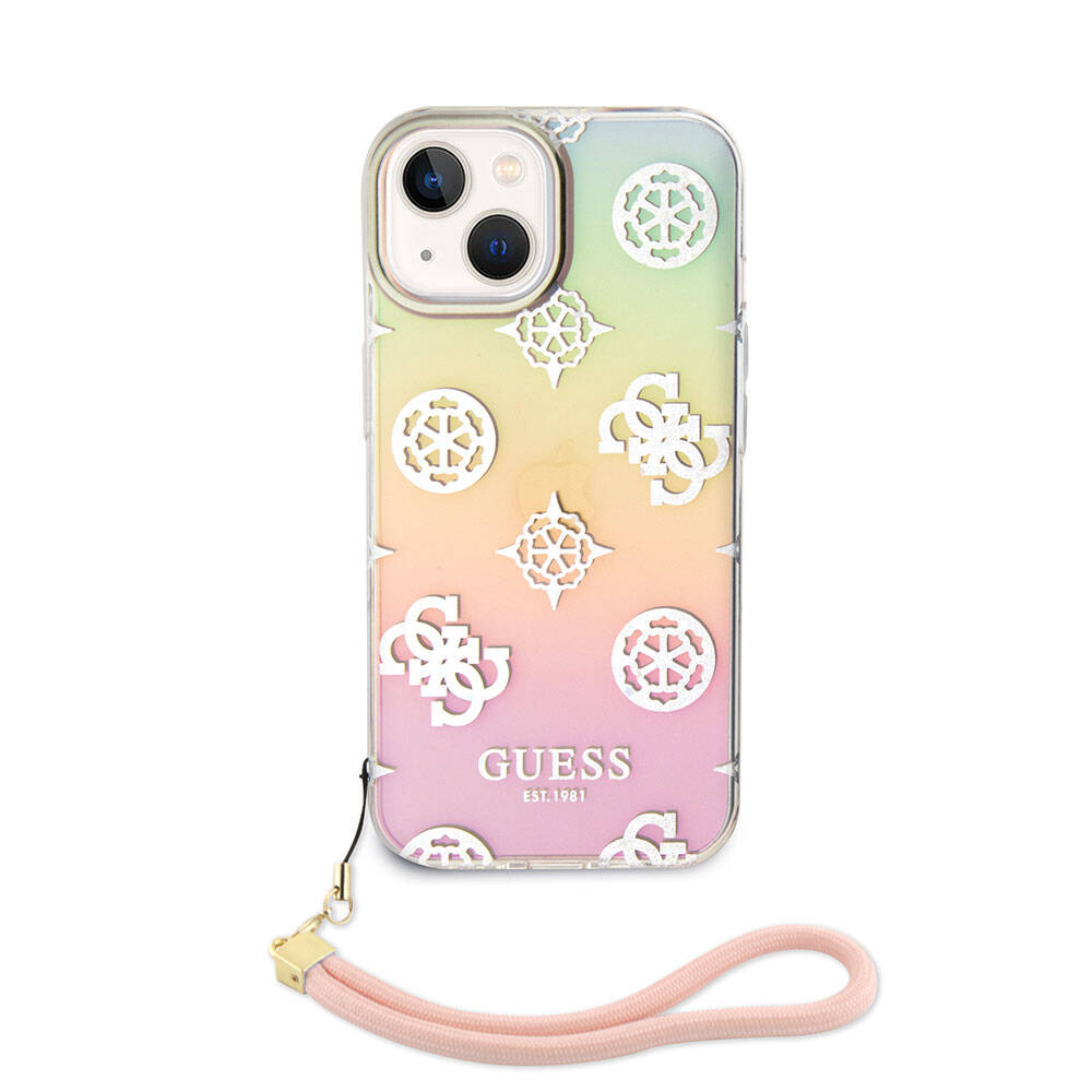 Guess iPhone 15 Orjinal Lisanslı Desenli Yazı Logolu Askı İpli Holografik Glitter Peony Telefon Kılıfı - 13