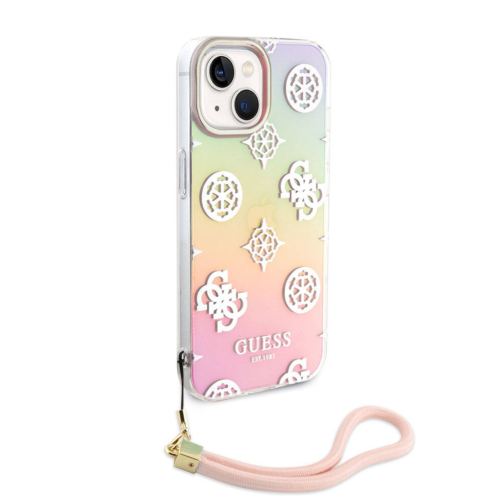 Guess iPhone 15 Orjinal Lisanslı Desenli Yazı Logolu Askı İpli Holografik Glitter Peony Telefon Kılıfı - 14
