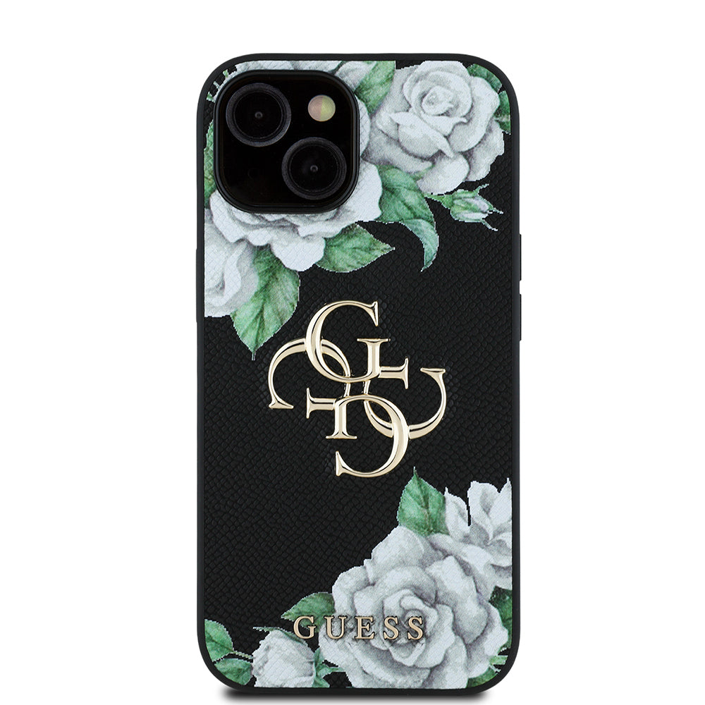 Guess iPhone 15 Orjinal Lisanslı Gül Baskılı Büyük Metal Logo Dizaynlı Kılıf