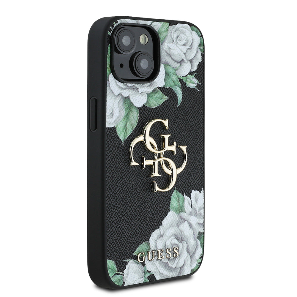 Guess iPhone 15 Orjinal Lisanslı Gül Baskılı Büyük Metal Logo Dizaynlı Kılıf