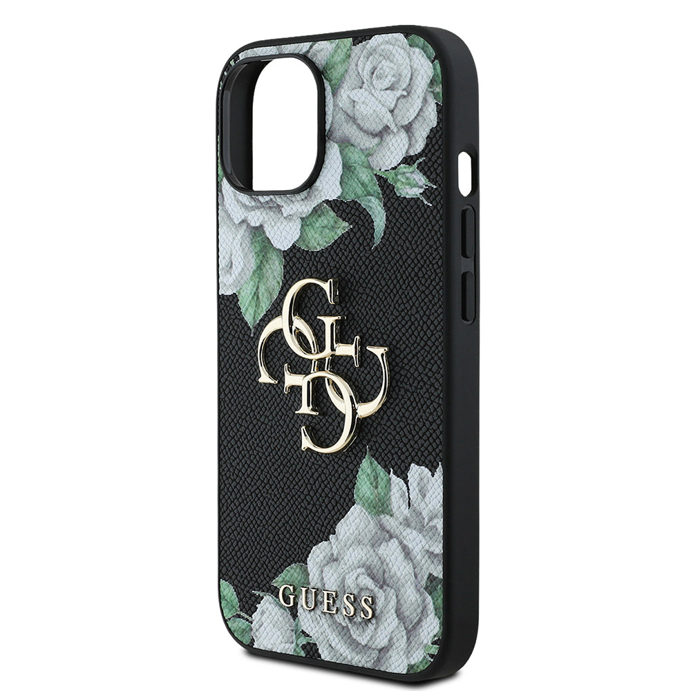 Guess iPhone 15 Orjinal Lisanslı Gül Baskılı Büyük Metal Logo Dizaynlı Kılıf