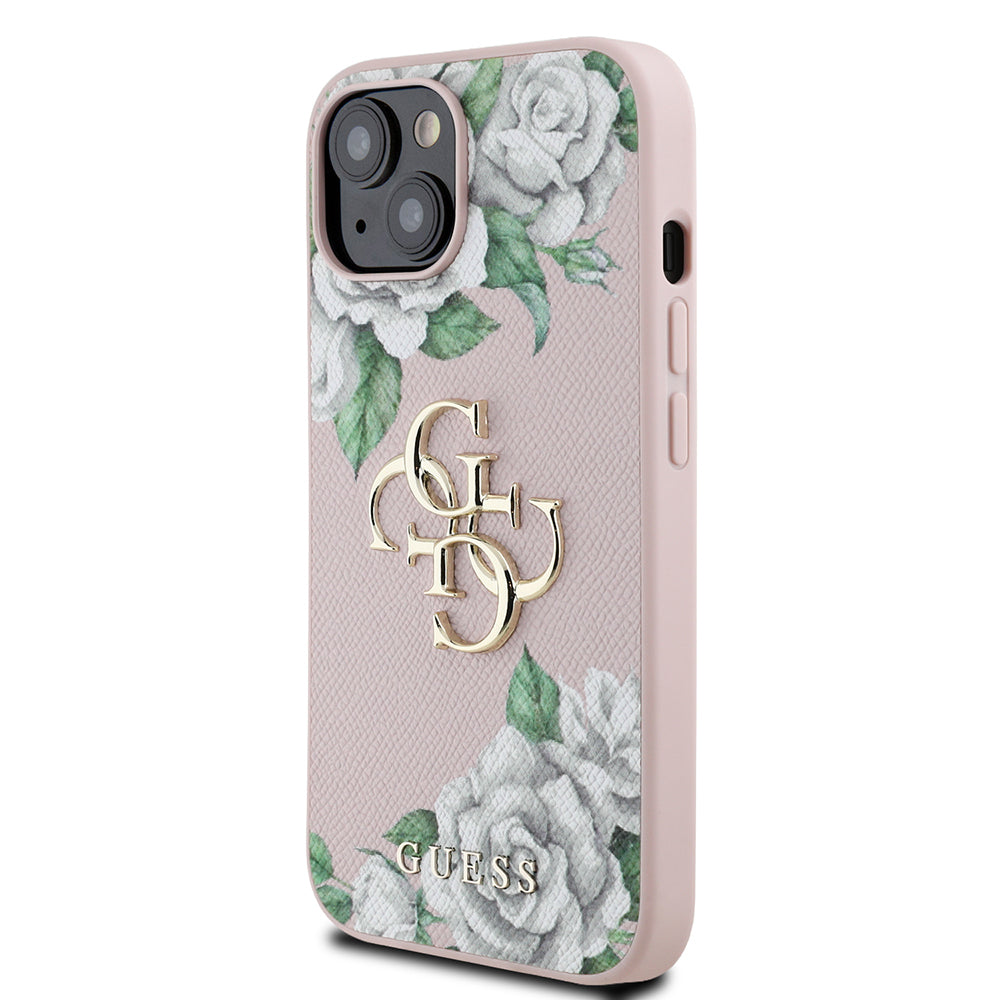 Guess iPhone 15 Orjinal Lisanslı Gül Baskılı Büyük Metal Logo Dizaynlı Kılıf