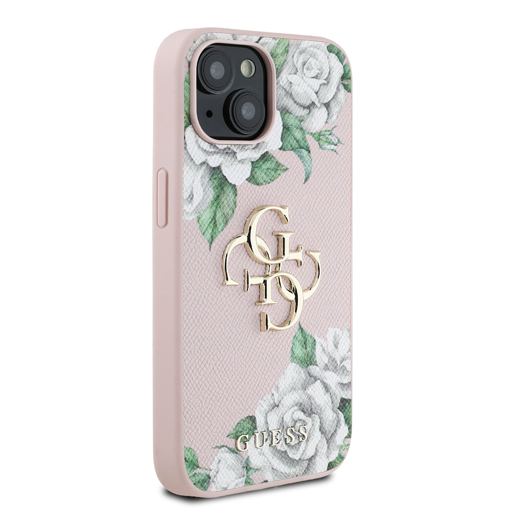 Guess iPhone 15 Orjinal Lisanslı Gül Baskılı Büyük Metal Logo Dizaynlı Kılıf