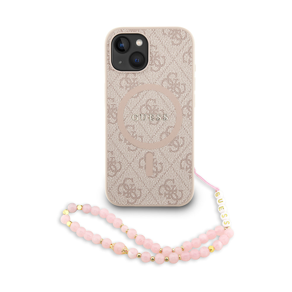 Guess iPhone 15 Orjinal Lisanslı Magsafe PU Deri Bilek Askı İpli Yazı Logolu Telefon Kılıfı