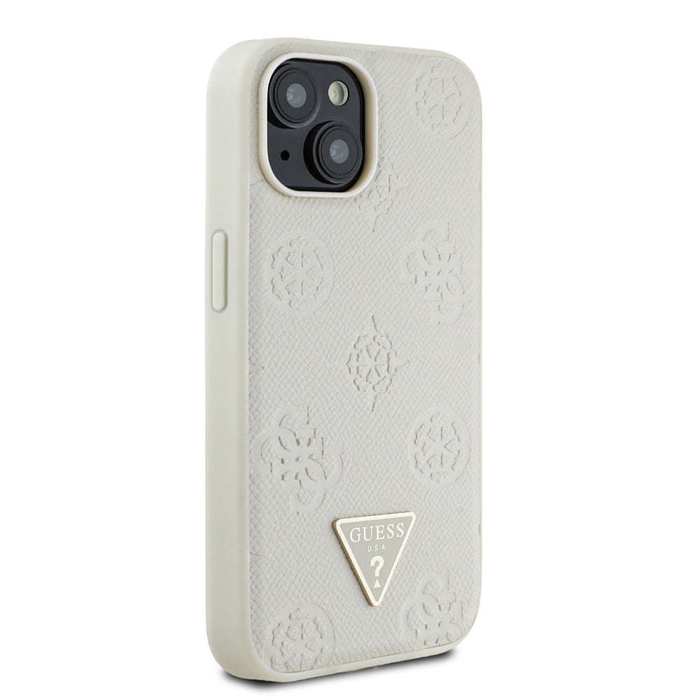 Guess iPhone 15 Orjinal Lisanslı M-safe Sıcak Baskılı Üçgen Logolu PU Deri Peony Kılıf
