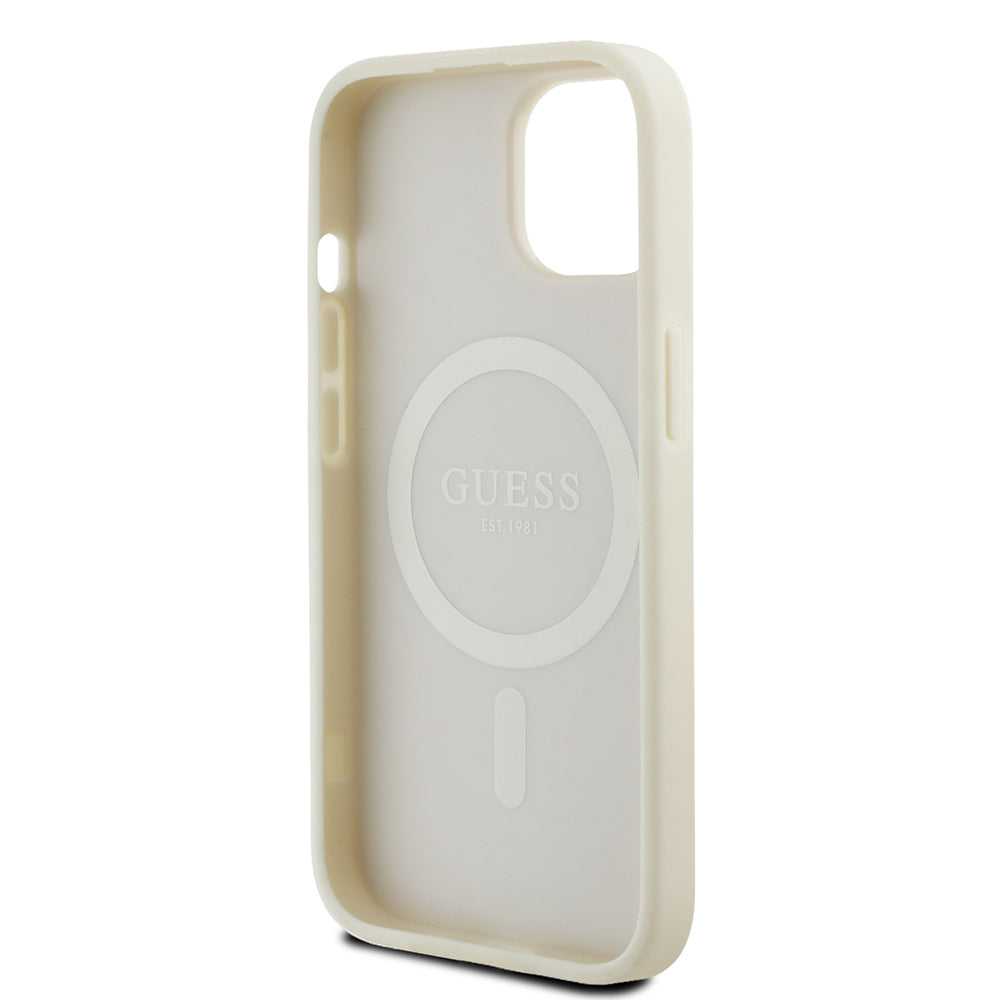 Guess iPhone 15 Orjinal Lisanslı M-safe Sıcak Baskılı Üçgen Logolu PU Deri Peony Kılıf