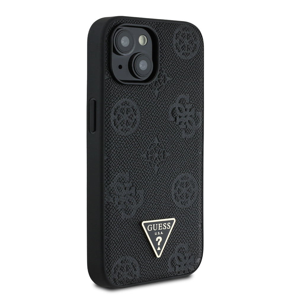 Guess iPhone 15 Orjinal Lisanslı M-safe Sıcak Baskılı Üçgen Logolu PU Deri Peony Kılıf