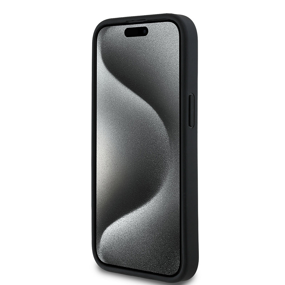 Guess iPhone 15 Orjinal Lisanslı M-safe Sıcak Baskılı Üçgen Logolu PU Deri Peony Kılıf
