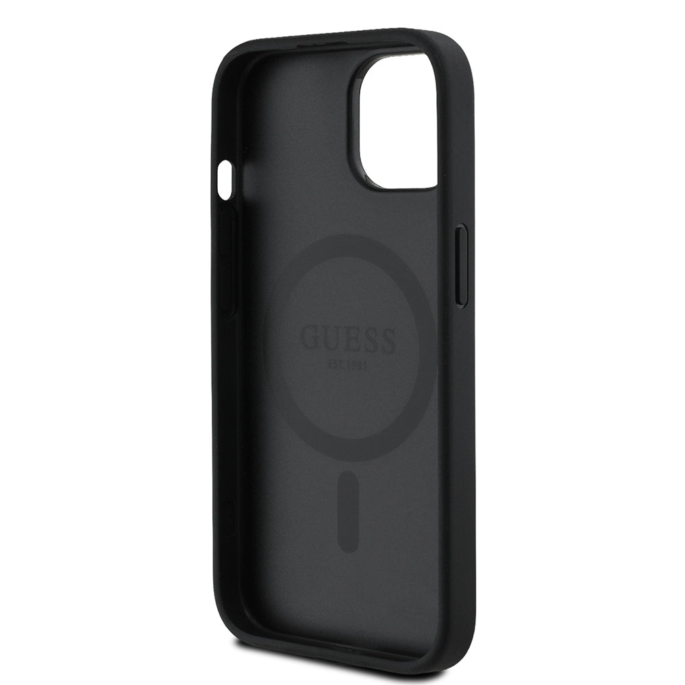 Guess iPhone 15 Orjinal Lisanslı M-safe Sıcak Baskılı Üçgen Logolu PU Deri Peony Kılıf