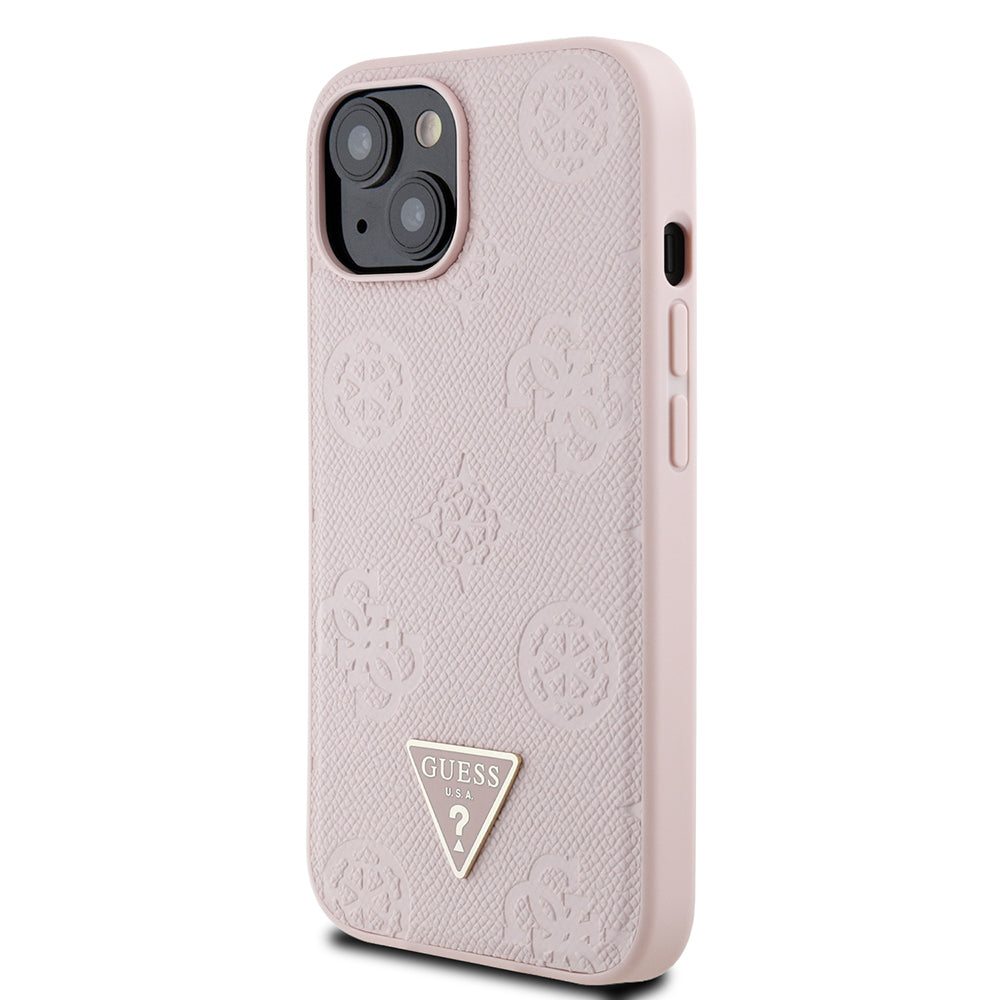Guess iPhone 15 Orjinal Lisanslı M-safe Sıcak Baskılı Üçgen Logolu PU Deri Peony Kılıf
