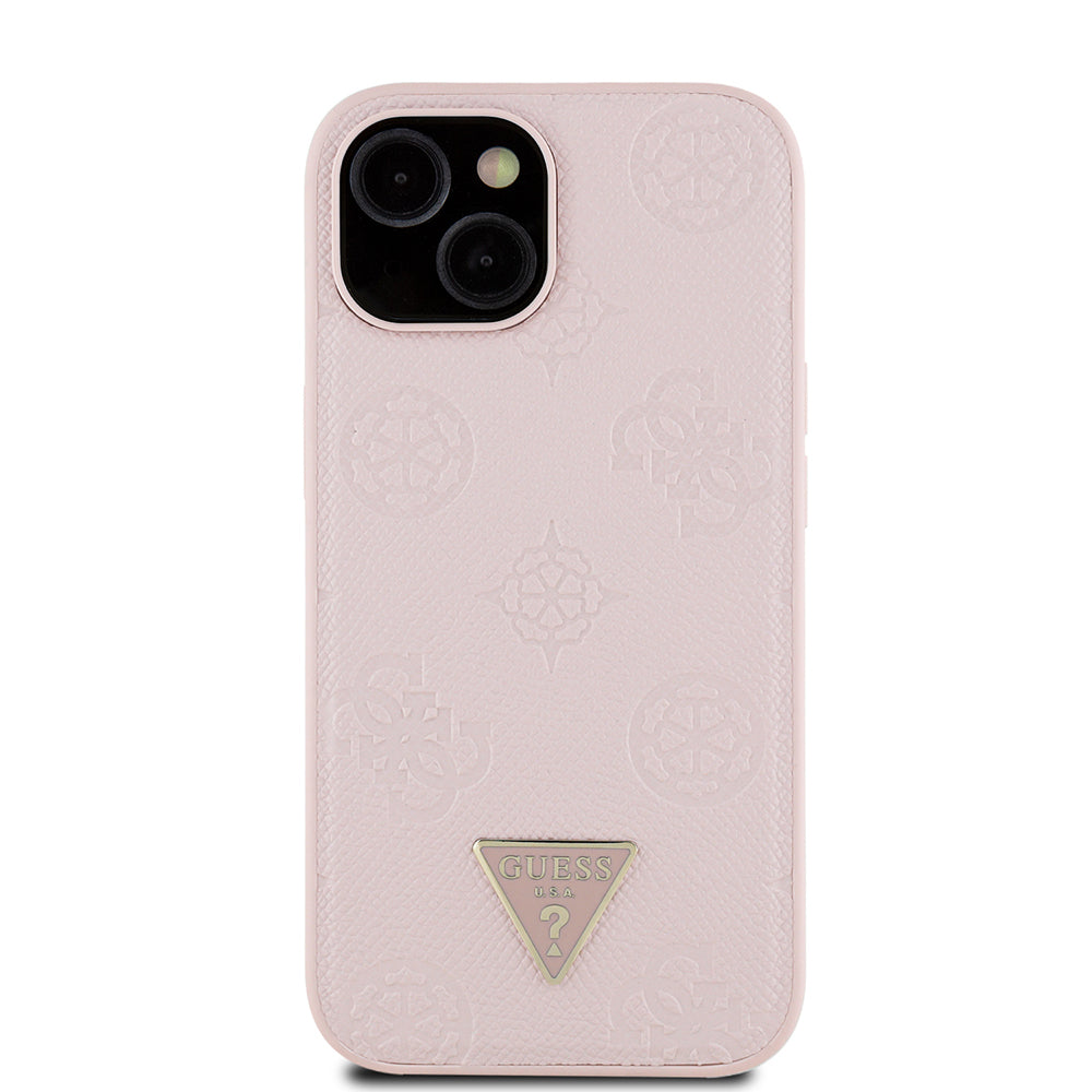 Guess iPhone 15 Orjinal Lisanslı M-safe Sıcak Baskılı Üçgen Logolu PU Deri Peony Kılıf