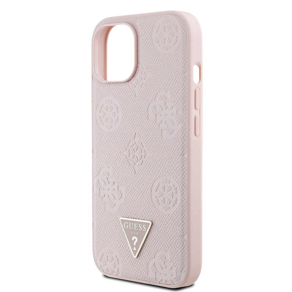 Guess iPhone 15 Orjinal Lisanslı M-safe Sıcak Baskılı Üçgen Logolu PU Deri Peony Kılıf