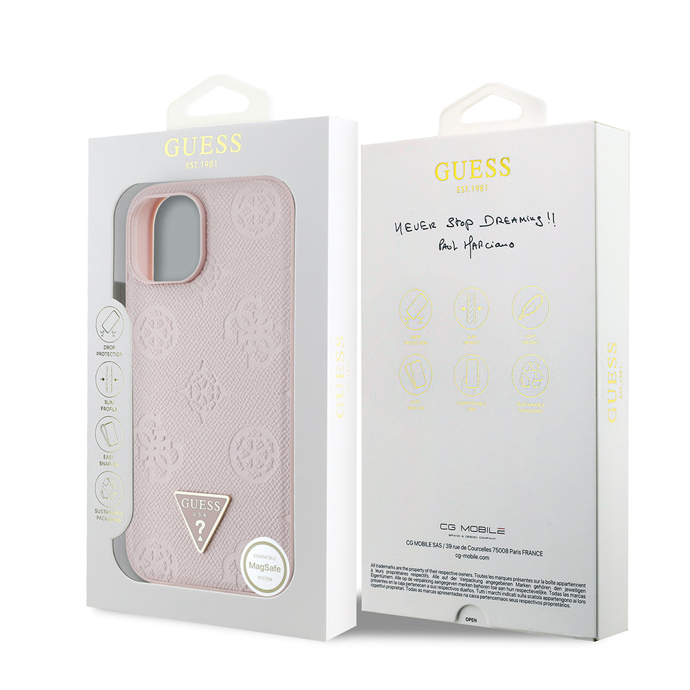 Guess iPhone 15 Orjinal Lisanslı M-safe Sıcak Baskılı Üçgen Logolu PU Deri Peony Kılıf
